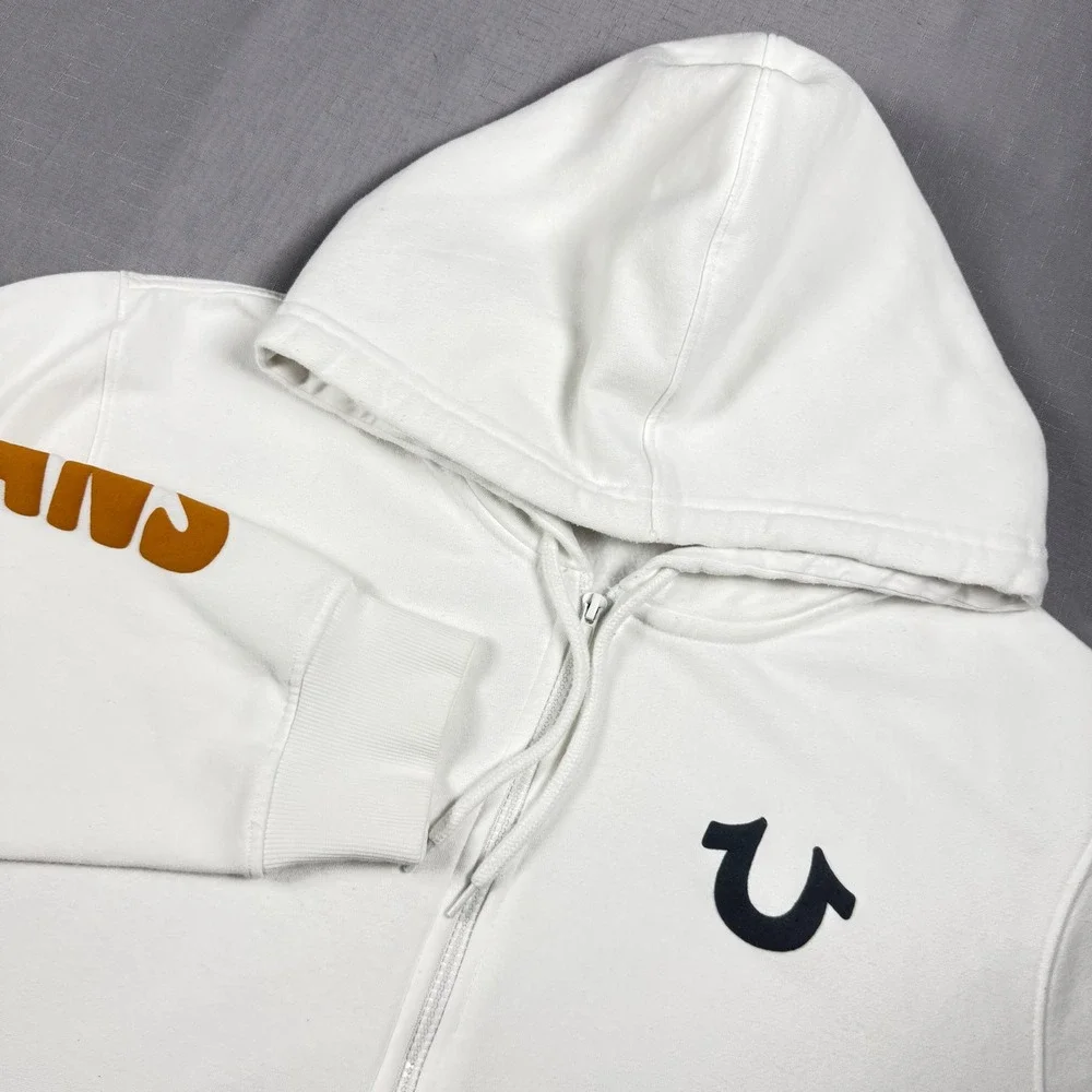 True Religion Mens White Graphic Sleeve Full Zip Hoodie Sweatshirt 2XL